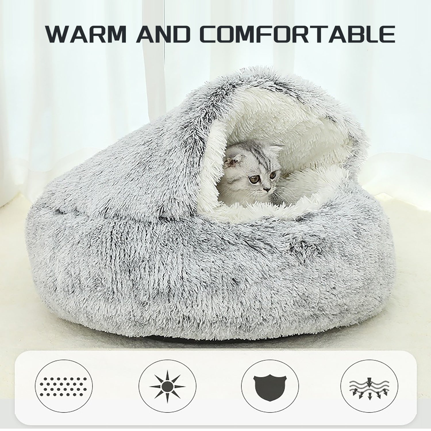 Luxurious Plush Round Cat Bed Cat Bed Round Soft Plush Burrowing Cave Hooded Cat Bed Donut For Dogs Cats - Semi - Enclosed For Cozy Warmth, Easy - Clean Durable Design, Ideal For Winter Comfort - 5 - CJ