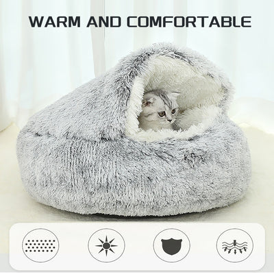 Luxurious Plush Round Cat Bed Cat Bed Round Soft Plush Burrowing Cave Hooded Cat Bed Donut For Dogs Cats - Semi - Enclosed For Cozy Warmth, Easy - Clean Durable Design, Ideal For Winter Comfort - 5 - CJ
