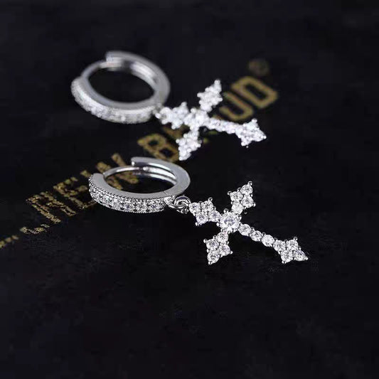 1 Pair Men's Sparkling Zircon Cross Dangle Huggie Hoops,Everyday Versatile Earrings - 5 - CJ