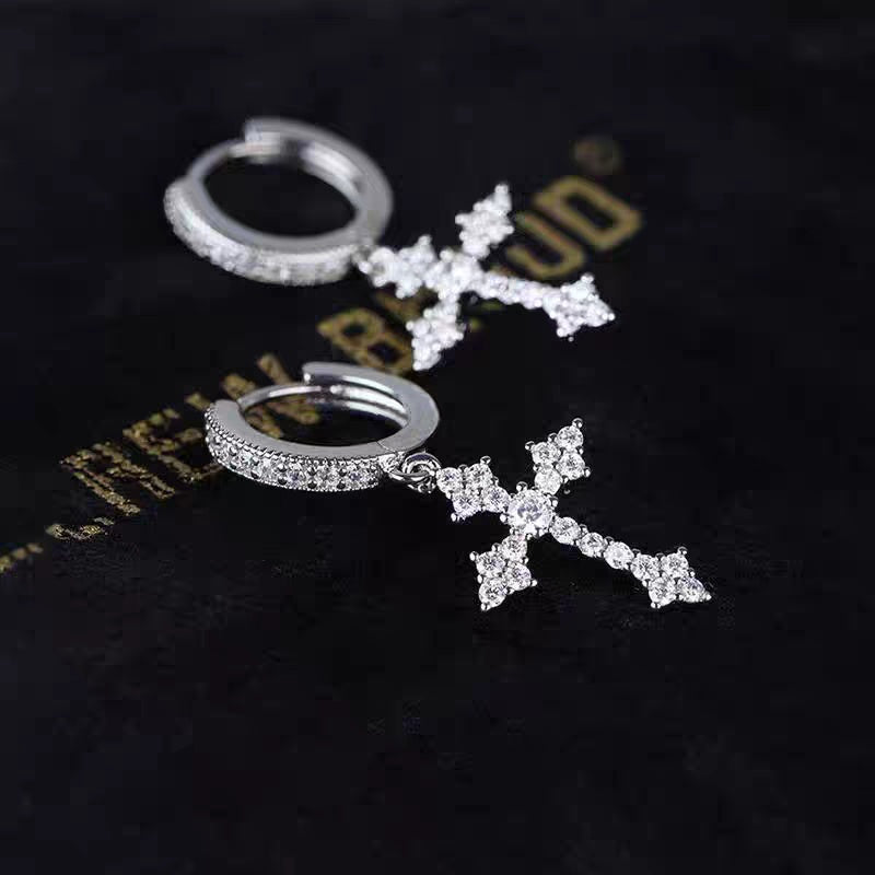 1 Pair Men's Sparkling Zircon Cross Dangle Huggie Hoops,Everyday Versatile Earrings - 5 - CJ